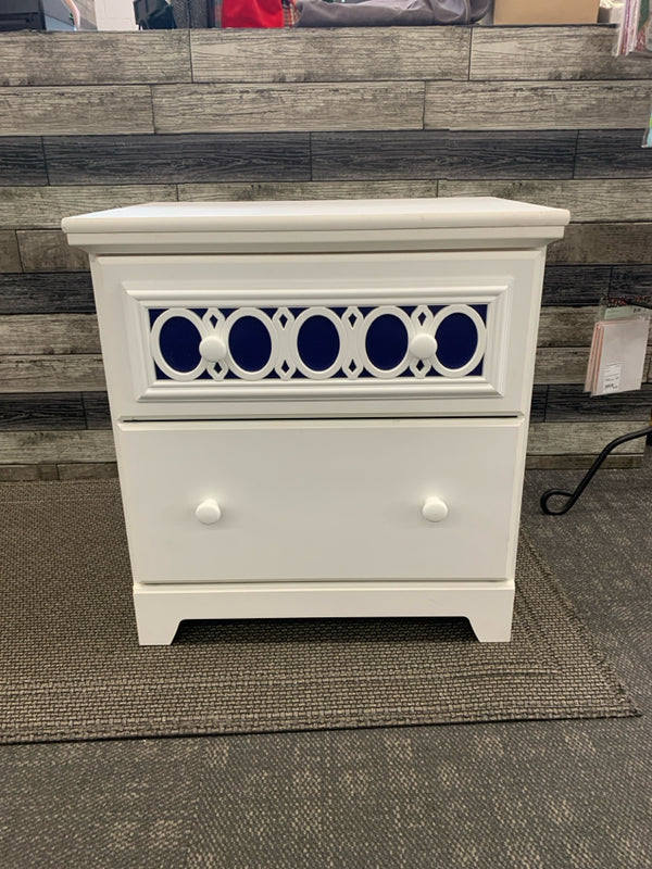 WHITE W BLUE ACCENTS 2 DRAWER NIGHT STAND.