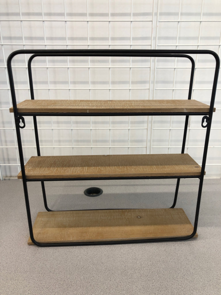 3 SHELF BLACK METAL AND WOOD SHELF.