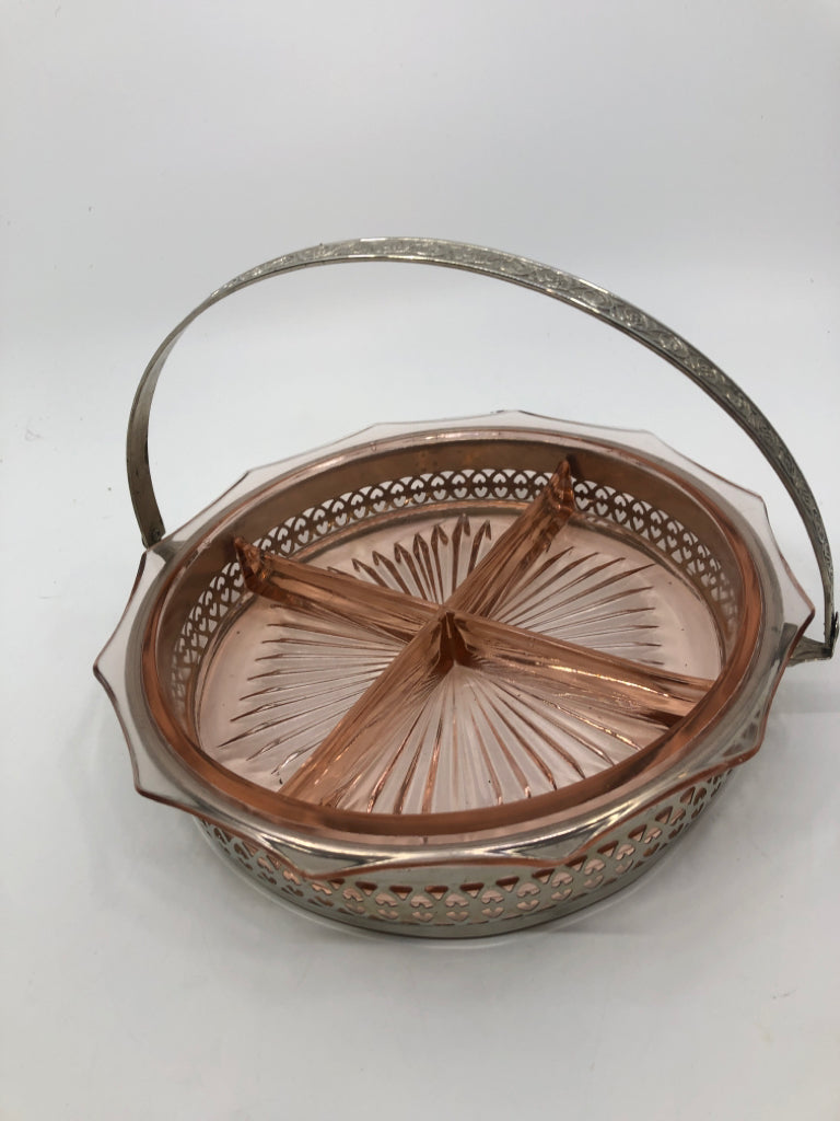 VTG PINK DEPRESSION GLASS DIVIDED SERVER IN SILVER HOLDER.