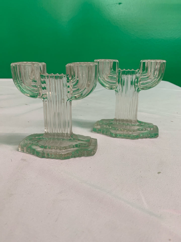 2 VTG ART DECO RIBBED DOUBLE TAPER CANDLE HOLDERS.