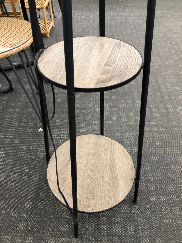 TRIPOD FLOOR LAMP W/SHELVES.