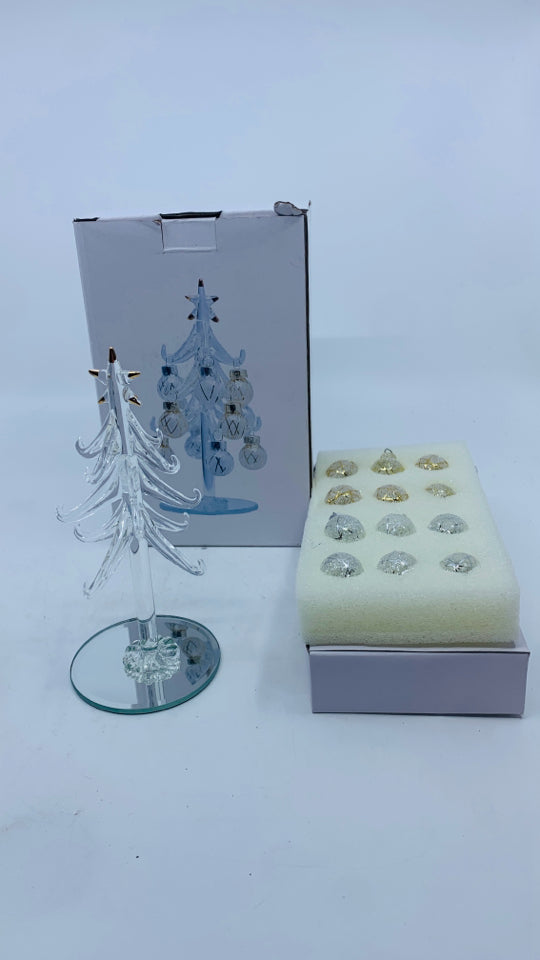 NIB LS ARTS GLASS CHRISTMAS TREE W/ ORNAMENTS.