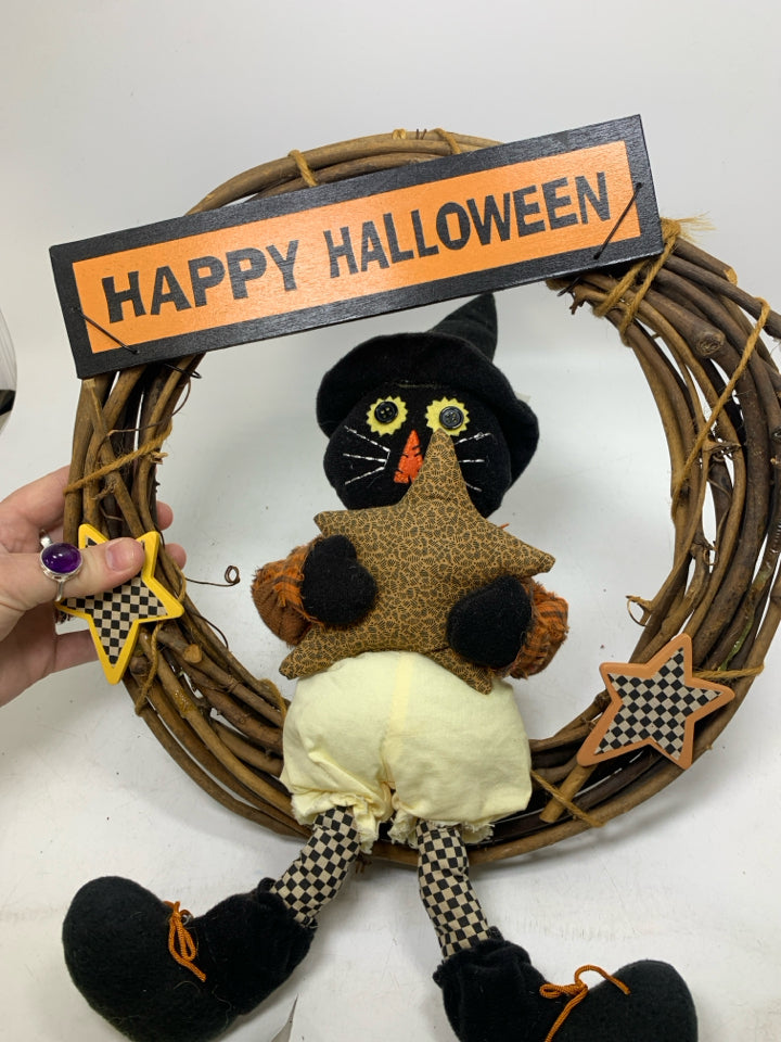 PRIMITIVE STYLE CAT HOLDING STAR HAPPY HALLOWEEN WREATH.