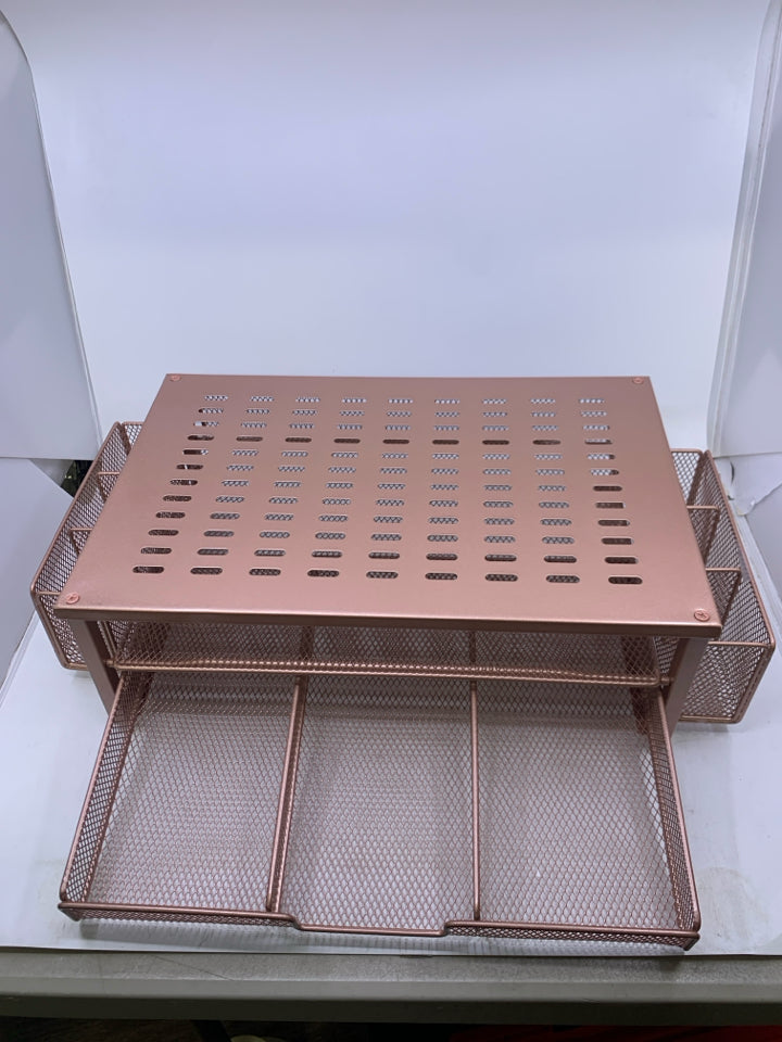 ROSE GOLD METAL DESK RISER W/ DRAWER + REMOVABLE STORAGE ON SIDES.