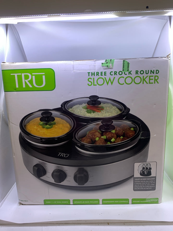 NIB SMALL TRIPLE SLOW COOKER.