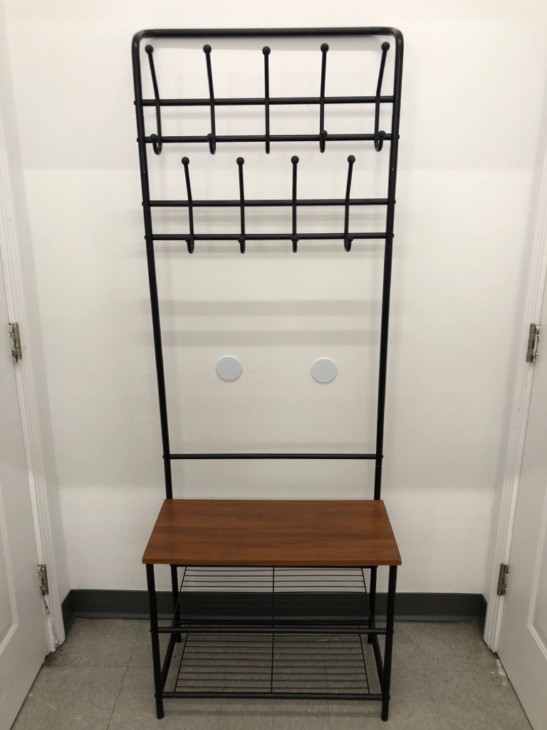 HALL TREE W/COAT HOOKS, SHOE STORAGE- BLACK METAL.