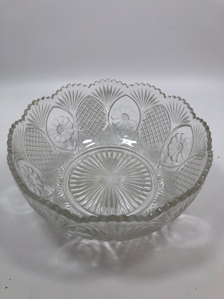 CLEAR GLASS BOWL SCALLOPED RIM/STARBURST PATTERN BOWL.