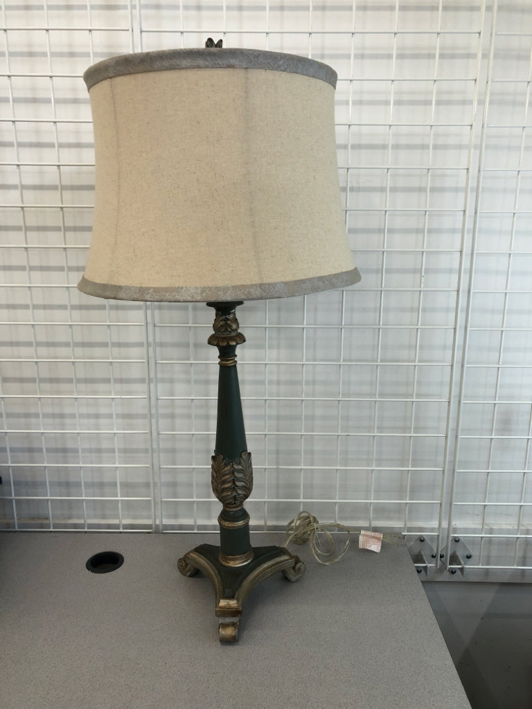 TEAL LAMP W/CARVED LEAF ACCENTS.