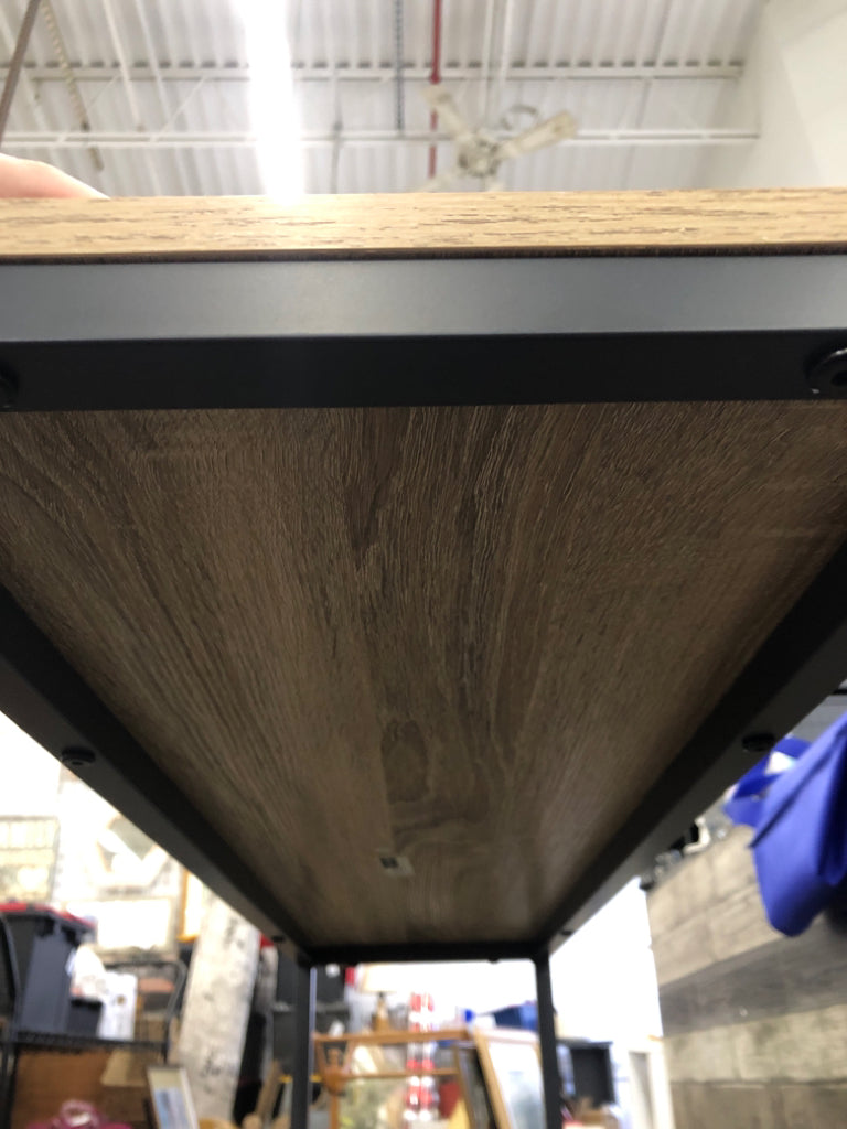 METAL BASE, WOOD TOP SOFA TABLE.