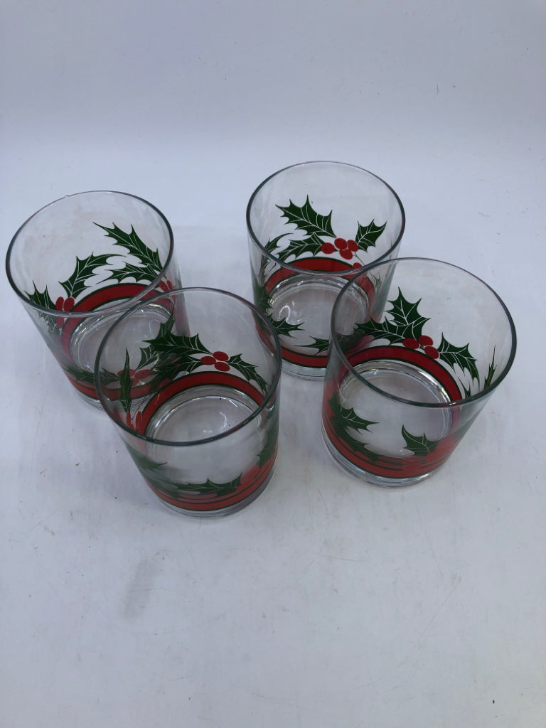 4 HOLLY SHORT WATER GLASSES.