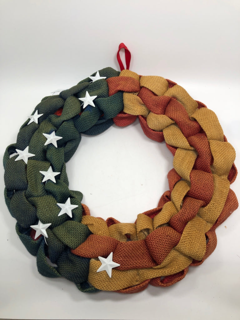 BURLAP RED WHITE AND BLUE PRIMITIVE WREATH.
