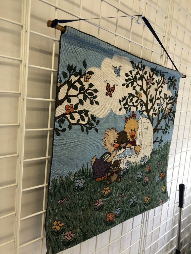 FLOWERS AND DUCKS TAPESTRY WALL HANGING.