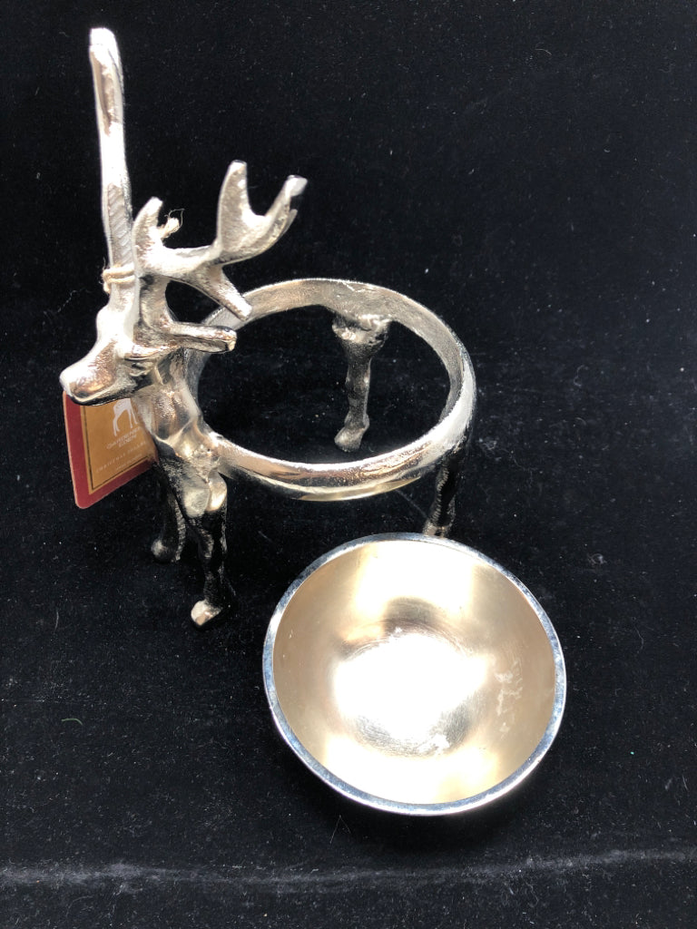 NWT 2 PC SILVER METAL REINDEER STAND W/ BOWL.