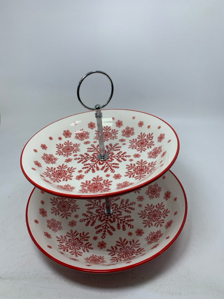 2 TIER WHITE SERVER W/ RED SNOWFLAKES.