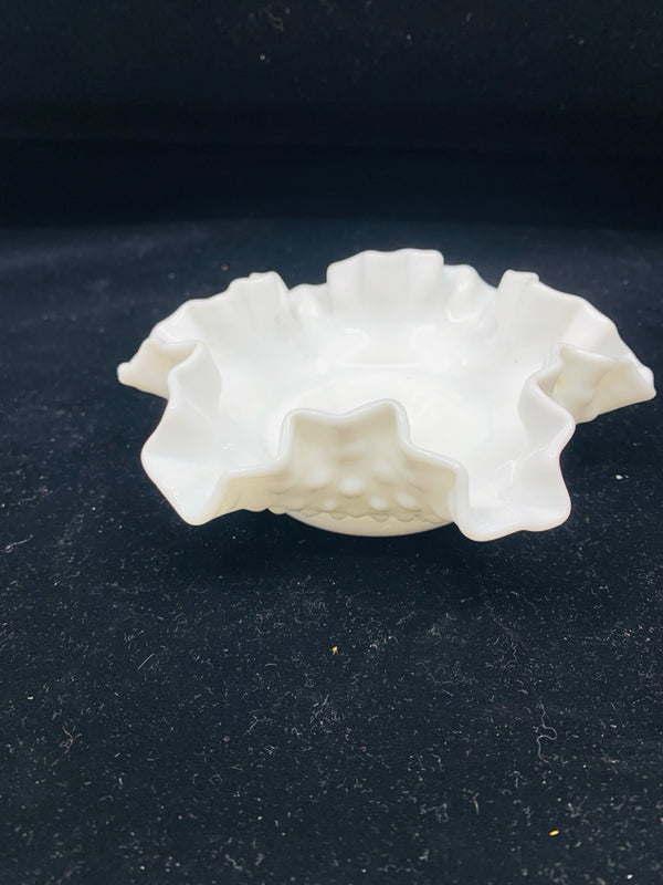 VTG MILK GLASS HOBNAIL RUFFLED EDGE BOWL.