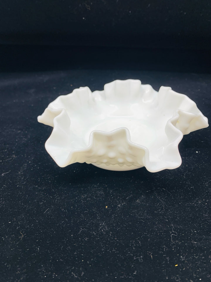 VTG MILK GLASS HOBNAIL,RUFFLED EDGE BOWL.