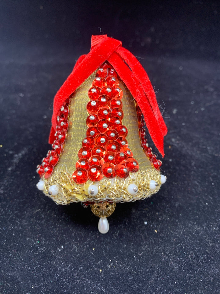 VTG RED GOLD BELL ORNAMENT.