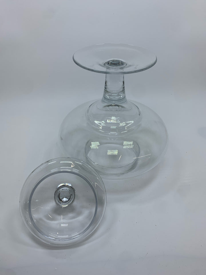 ROUND GLASS FOOTED CANDY JAR W/LID.