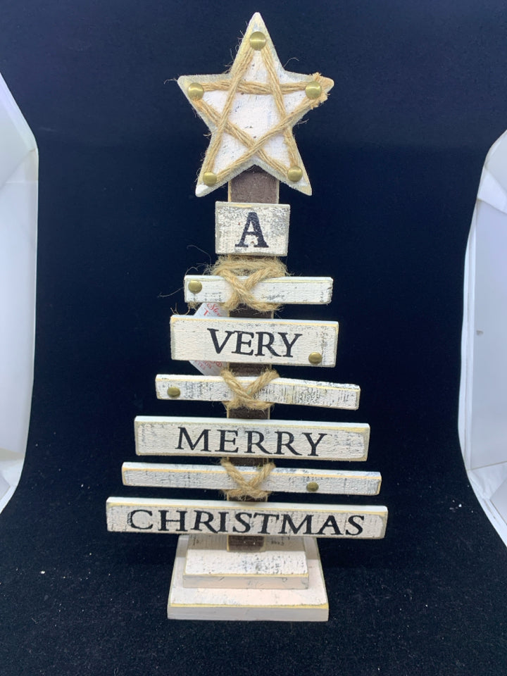 "A VERY MERRY" WHITE WASHED WOOD TREE.