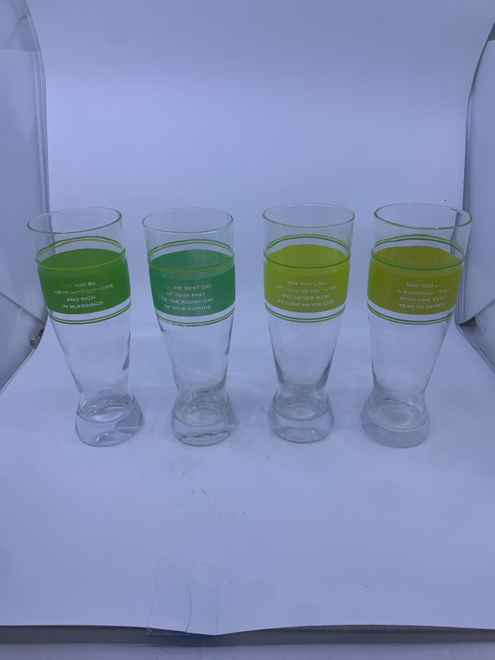 4 GREEN AND YELLOW QUOTED BEER GLASSES.