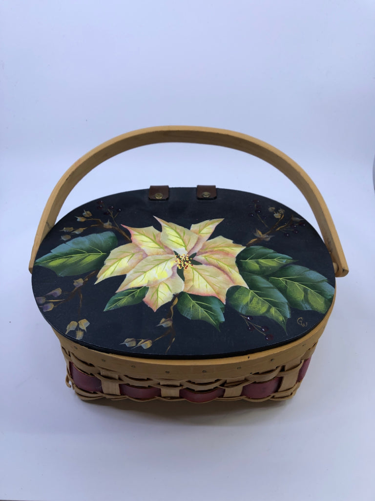 BLONDE BASKET W WHITE POINSETTIA PAINTED LID AND HANDLE.