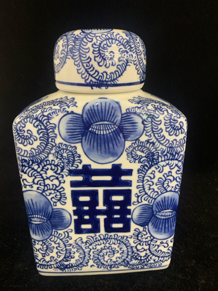 BLUE + WHITE ASIAN STYLE SQUARE GINGER JAR.