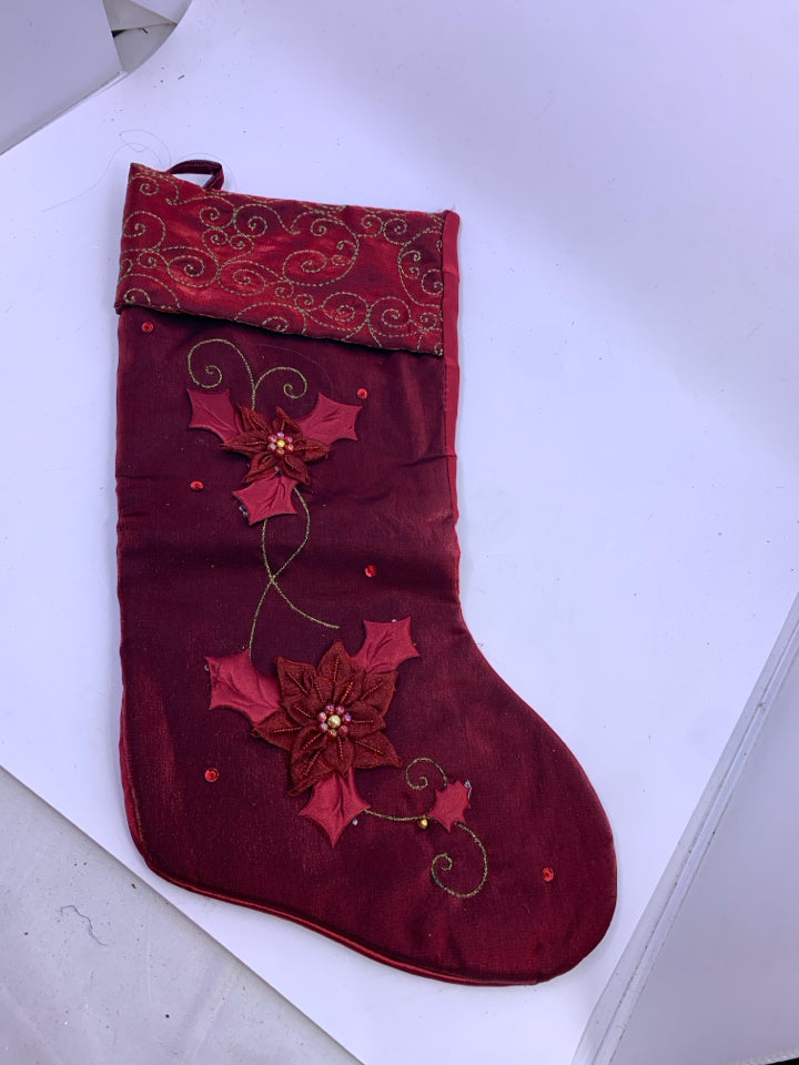MAROON POINSETTIA STOCKING.
