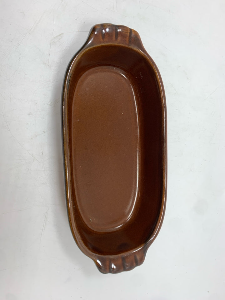 BROWN GLAZED CERAMIC OBLONG DISH.