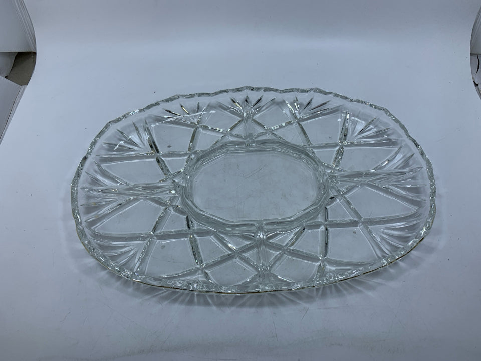 HEAVY DIVIDED SERVING GLASS PLATTER W/ GOLD RIM.
