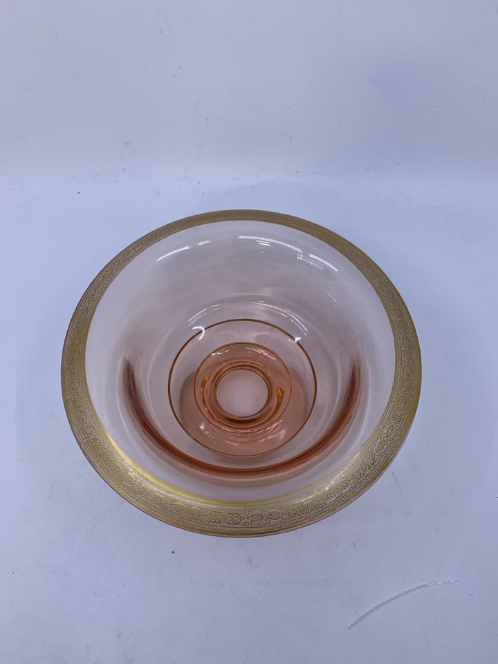 VTG FOOTED PINK DEPRESSION GLASS W/ DETAILED GOLD EDGE CENTERPIECE BOWL.