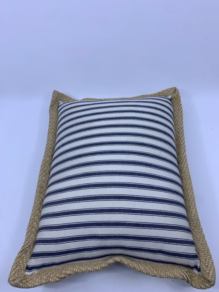 BLUE STRIPED BURLAP TRIM PILLOW.