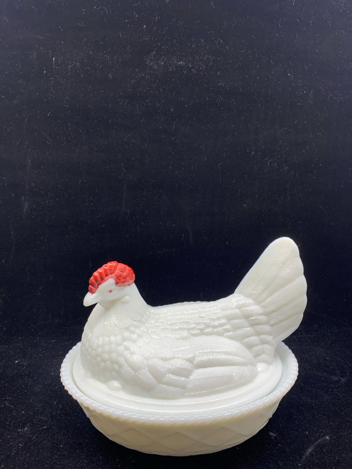 VTG MILK GLASS ROOSTER CANDY DISH.