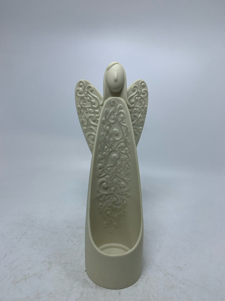 PORCELAIN ANGEL W/ SCROLL DETAIL VOTIVE CANDEL HOLDER.