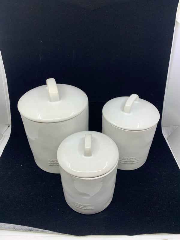 3 BICO WHITE CERAMIC CANISTERS EMBOSSED OZ.