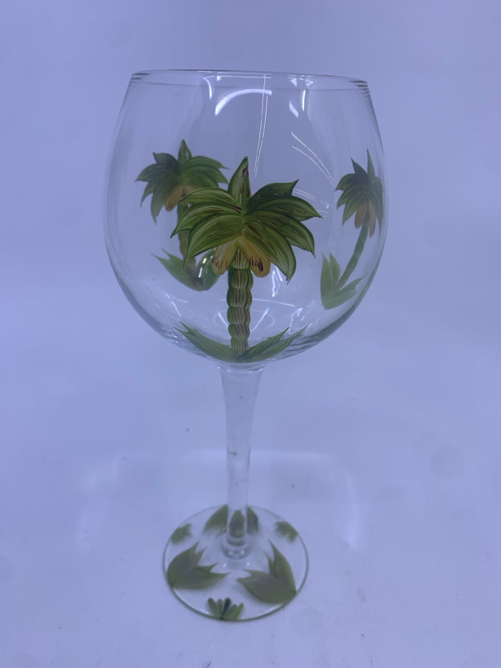 2 PALM TREE PAINTED WINE GLASS.