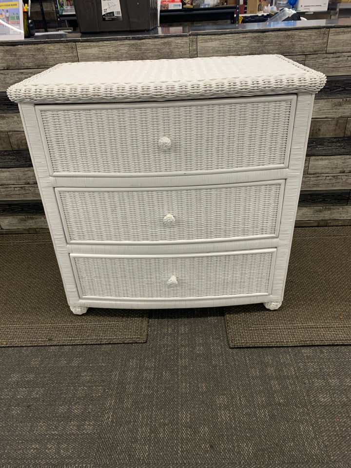 WHITE WICKER 3 DRAWER DRESSER.