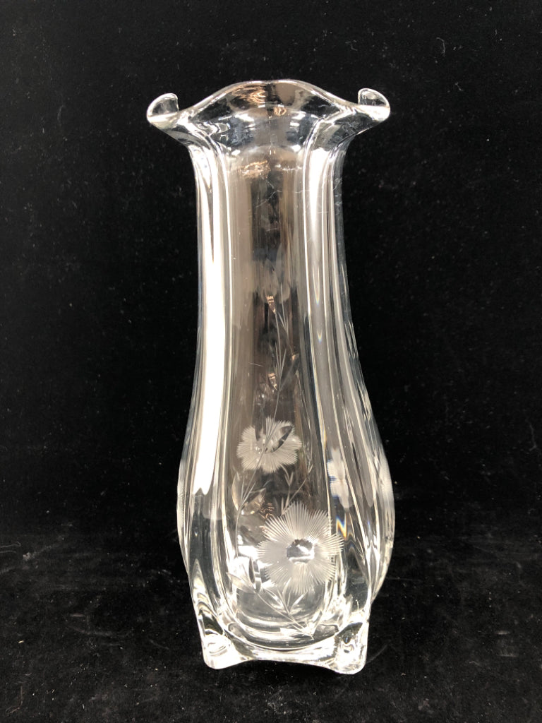 CUT GLASS RUFFLE VASE W/ETCHED FLOWERS.