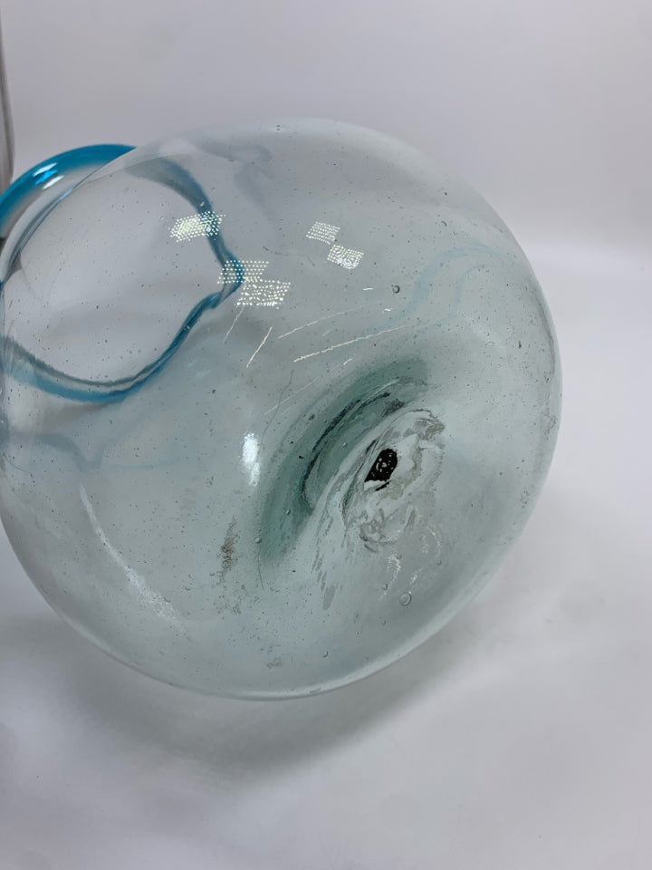 BLOWN GLASS PITCHER W/BLUE HANDLE.