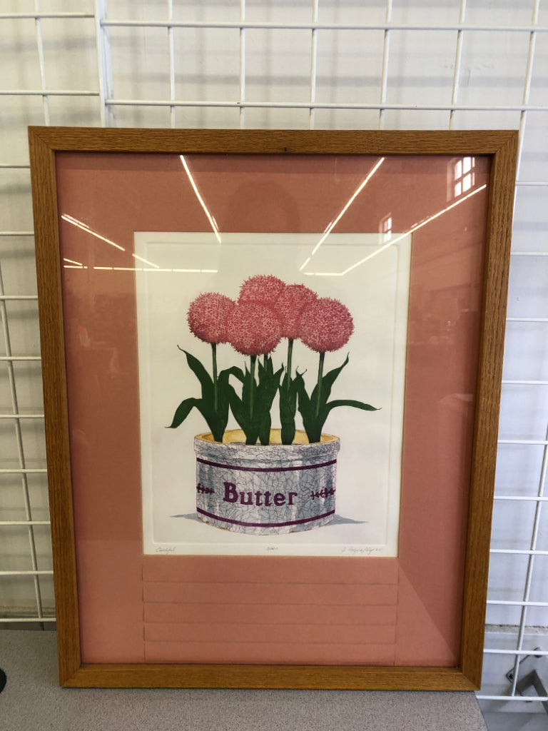 PINK FLORAL IN BUTTER TUB "CROCKFUL" FRAMED ART- SIGNED.