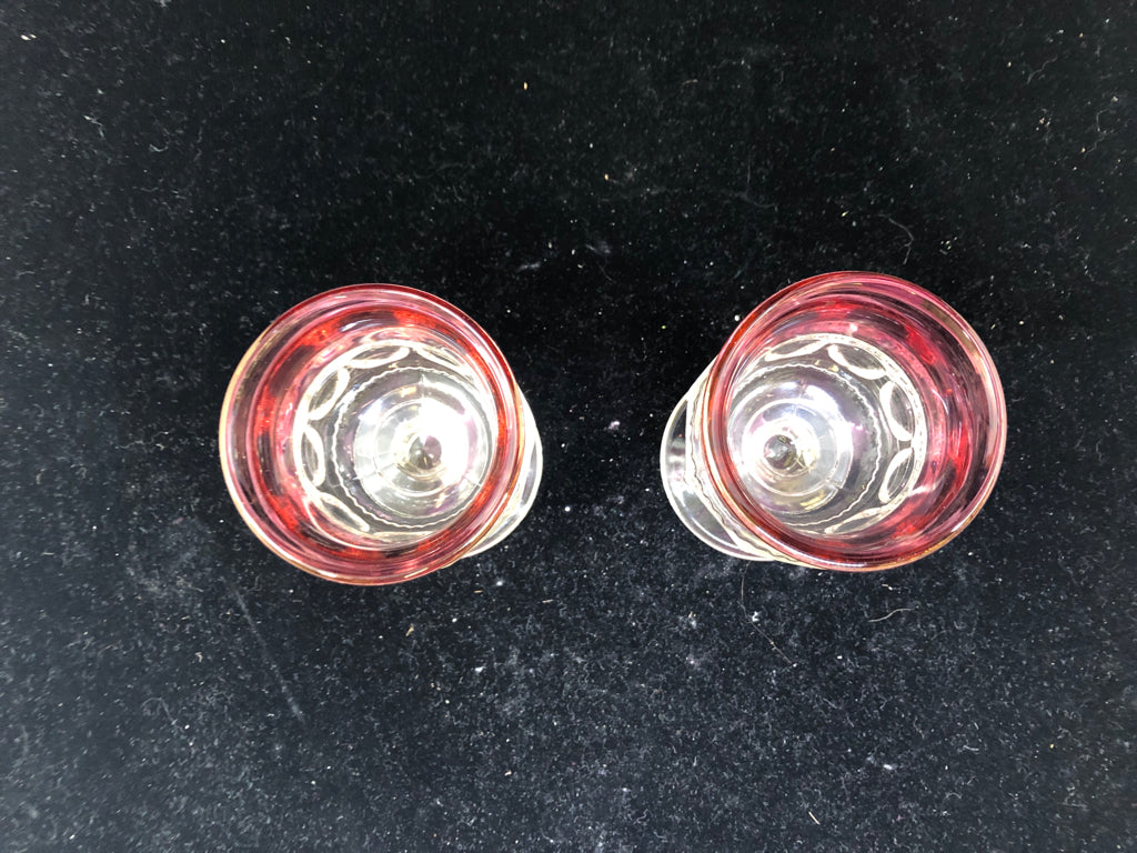 2 VTG SHORT PINK TRIM WINE GLASSES.