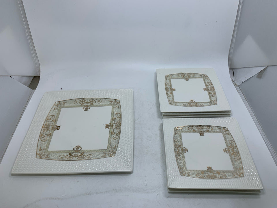 7 PC SQUARE PLATES W/ EMBOSSED EDGE GOLD DETAILS DESSERT SET.
