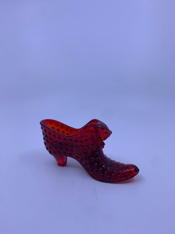 RED GLASS HOBNAIL HEELED VICTORIAN SHOE.