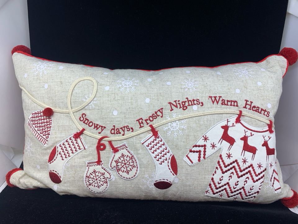 SNOWY DAYS- RECTANGLE PILLOW W/RED POM POMS.