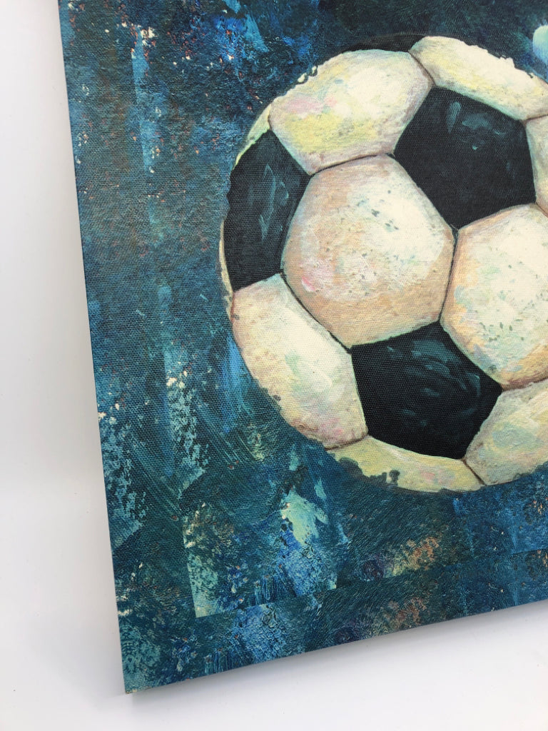 BLUE SOCCER BALL CANVAS WALL ART.