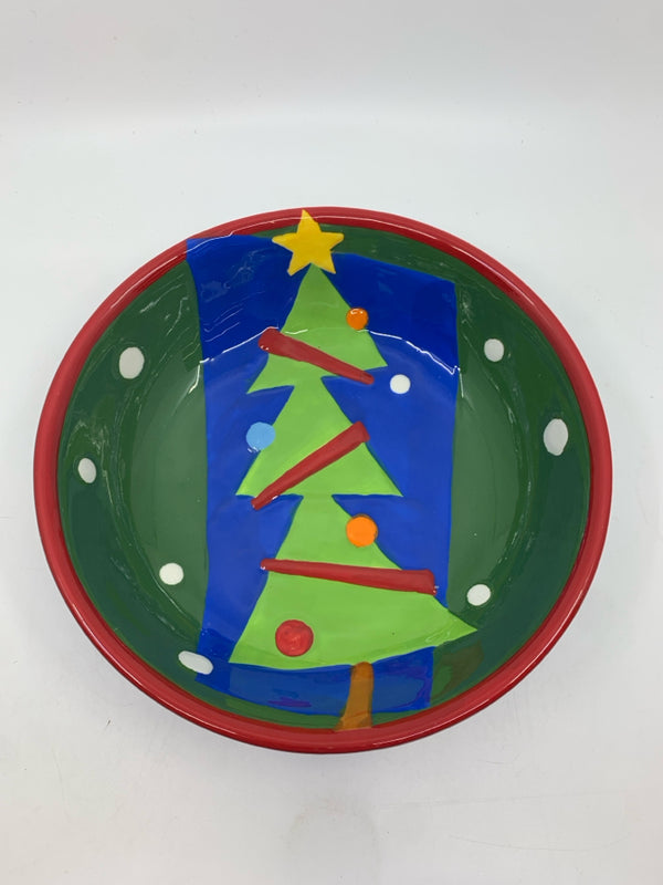 ABSTRACT CHRISTMAS TREE W SNOWFALES SERVING BOWL.