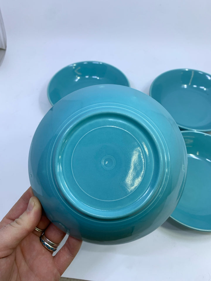 4 TEAL SALAD BOWLS.