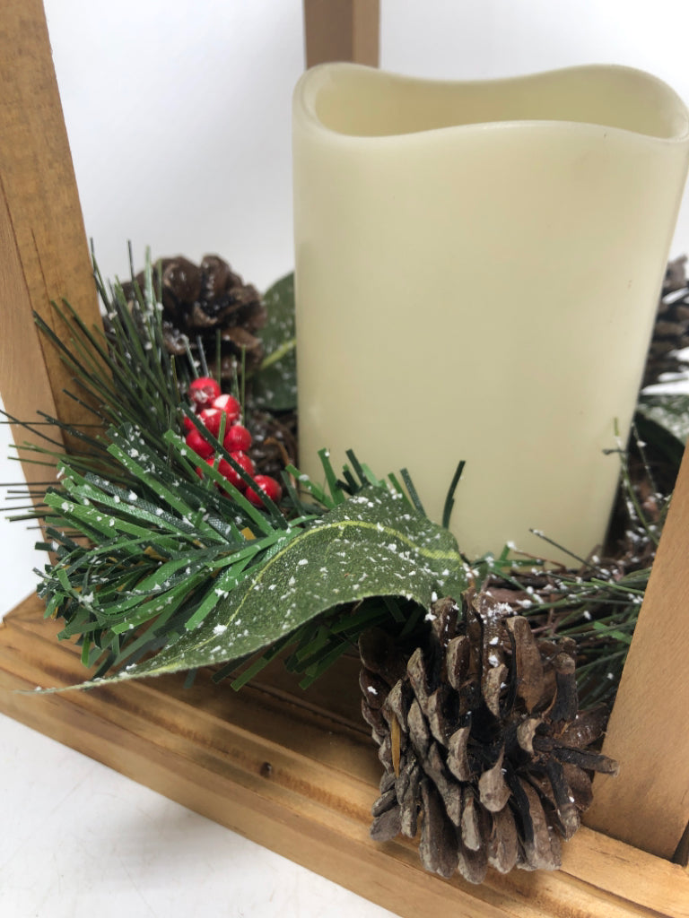 WOODEN BATTERY CANDLE LANTERN W/ WINTER PIP.