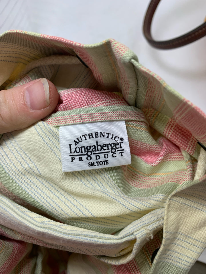 VTG LONGABERGER SMALL BOARDWALK BASKET TOTE W/ DRAWSTRING STRIPED LINER & PROTEC