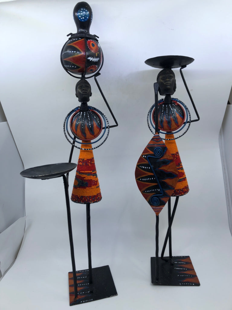 2 METAL/ COLORFUL BEADED HUMAN FIGURES PILLAR CANDLE HOLDERS.