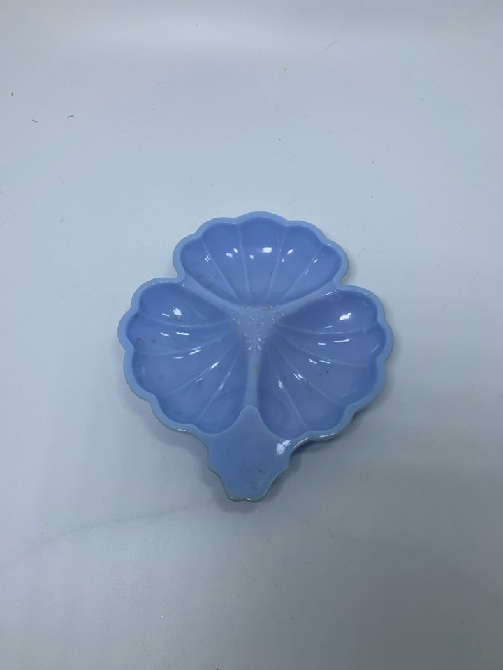 PALE BLUE MILK GLASS DIVIDED CLOVER SHAPED DISH.